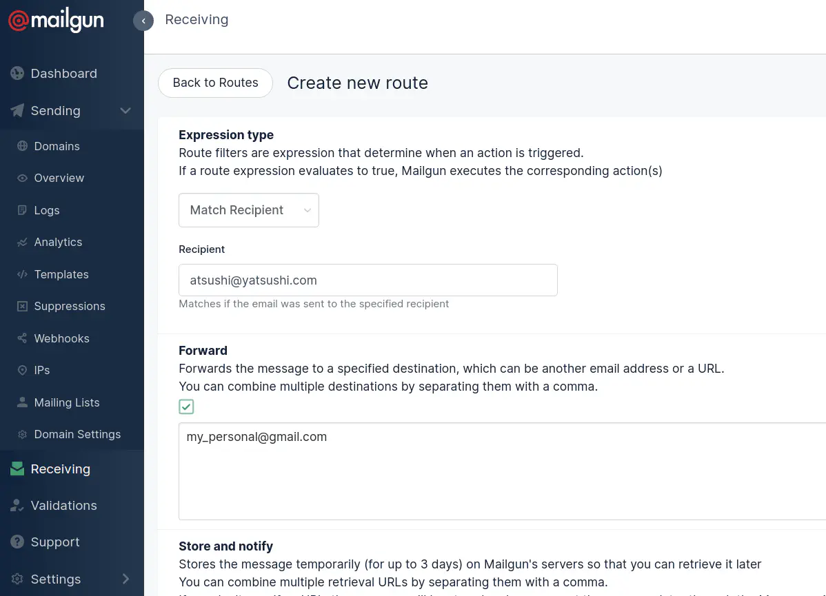 Receiving route setup